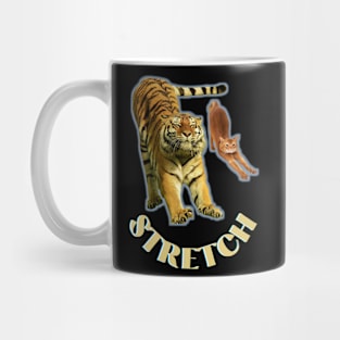 Stretch exercise by a tiger and a cat - gold text Mug